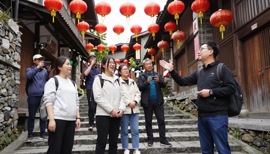 Tour group with guide exploring Jiufen Old Street narrow alleyways with red lanterns overhead