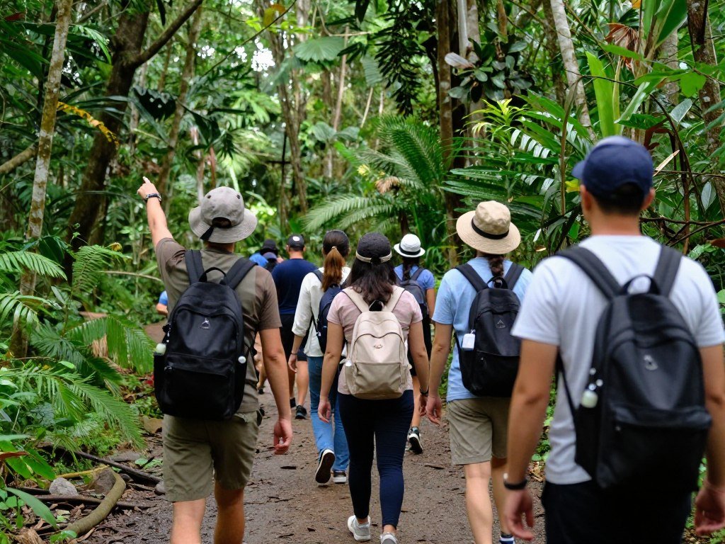 Tour group with guide in rainforest