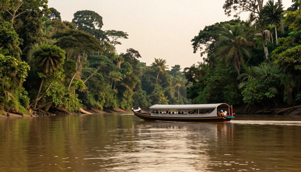 Tourist boat on Kinabatangan River at sunset with rainforest on both banks