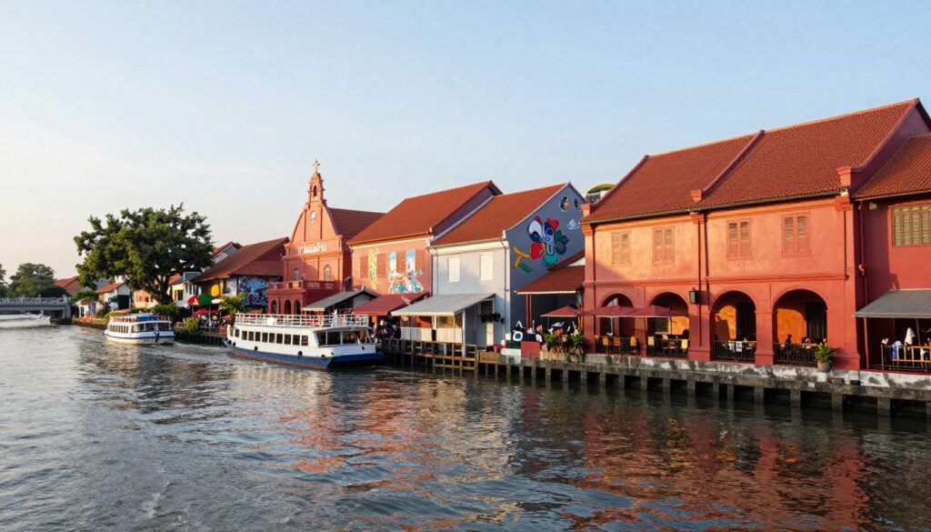 Tourist boat on Melaka River cruise passing colorful painted buildings