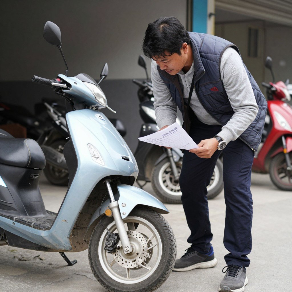 Tourist checking motorbike condition before rental in Mui Ne