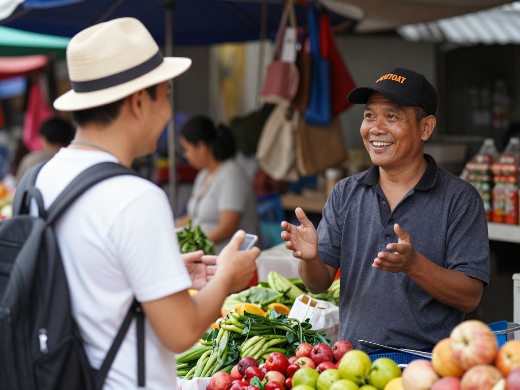Tourist communicating with local Vietnamese vendor