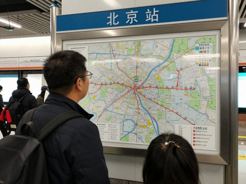 Tourist consulting Beijing city map at subway station Tourist consulting Beijing city map at subway station