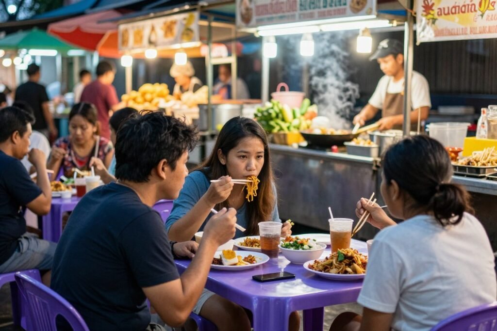 Tourist enjoying Bangkok street food at a vendor stall with local atmosphere