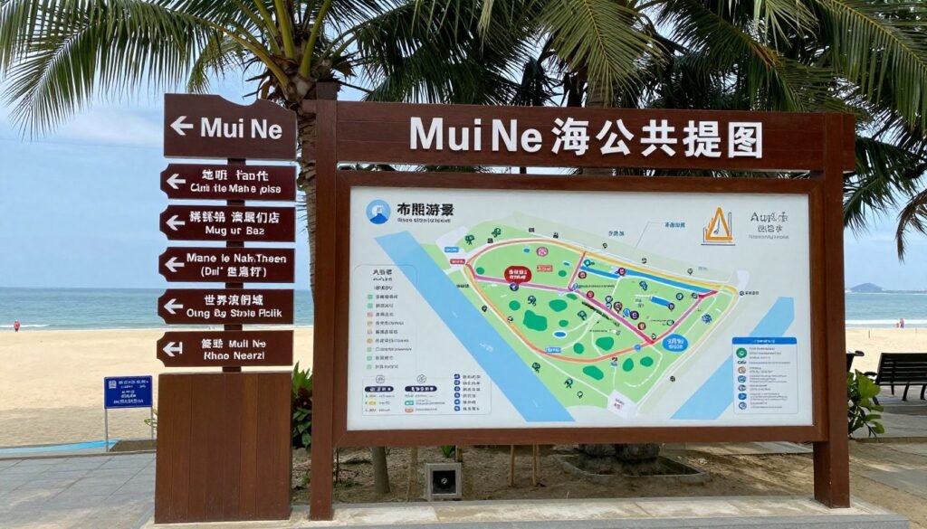 Tourist information sign and map at Mui Ne beach entrance