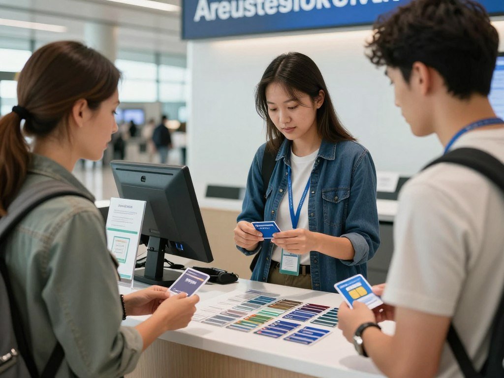 Tourist purchasing SIM card at airport service counter Tourist purchasing SIM card at airport service counter