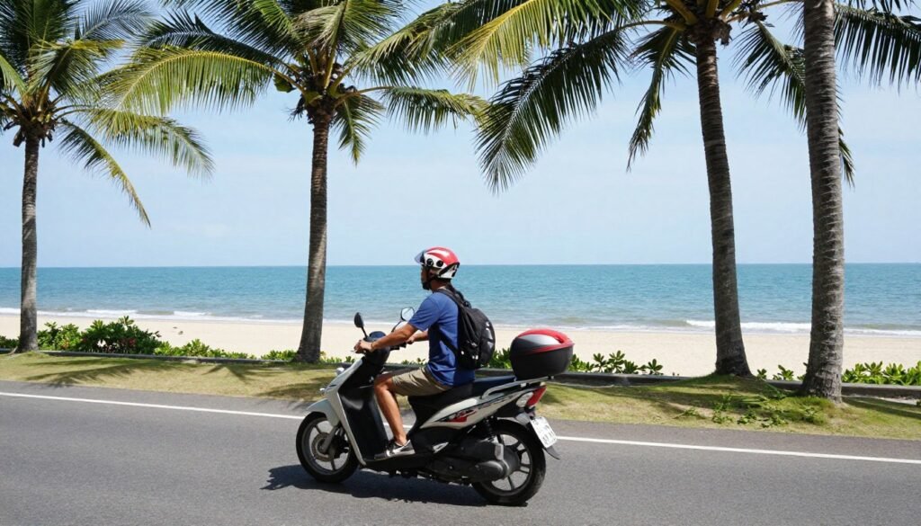 Tourist riding motorbike on coastal road in Phu Quoc