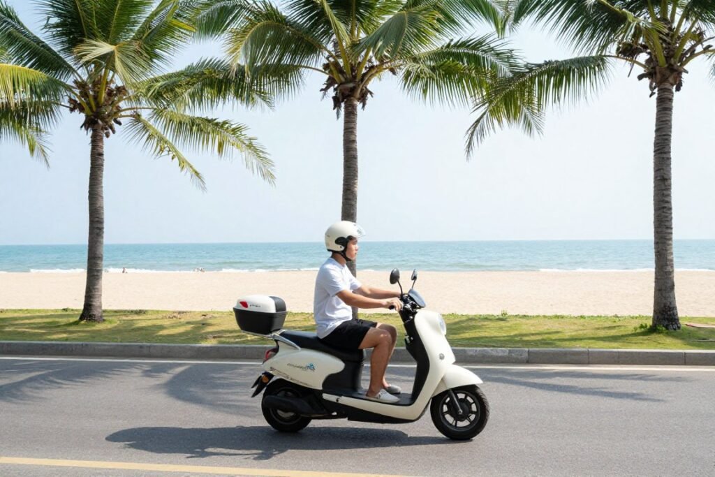 Tourist riding rented motorbike along Mui Ne beach road