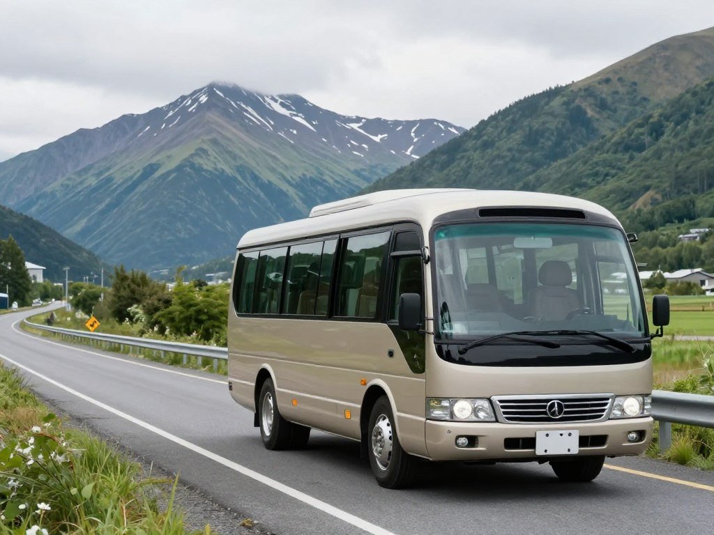 Tourist sightseeing bus on scenic Hokkaido road