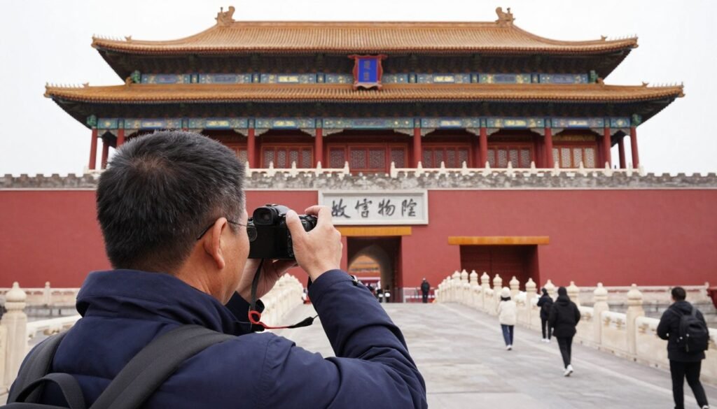Tourist taking photos at Forbidden City main gate Tourist taking photos at Forbidden City main gate