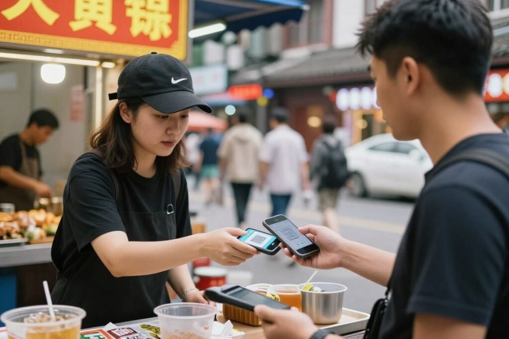 Tourist using mobile payment app at Chongqing street vendor