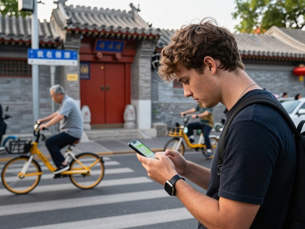 Tourist using offline maps app for navigation at Beijing street intersection