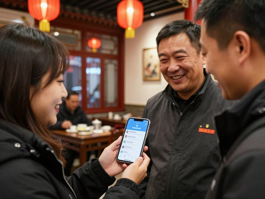 Tourist using phone translation app to communicate with Beijing restaurant staff