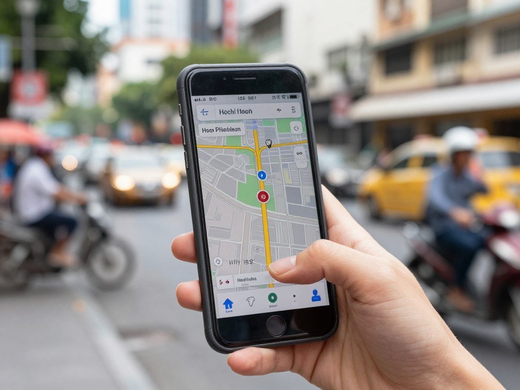 Tourist using smartphone navigation app in Ho Chi Minh City