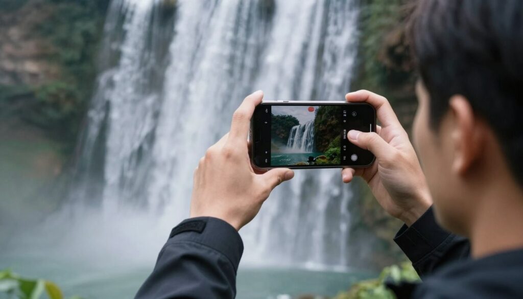 Tourist using smartphone to photograph Bali waterfall
