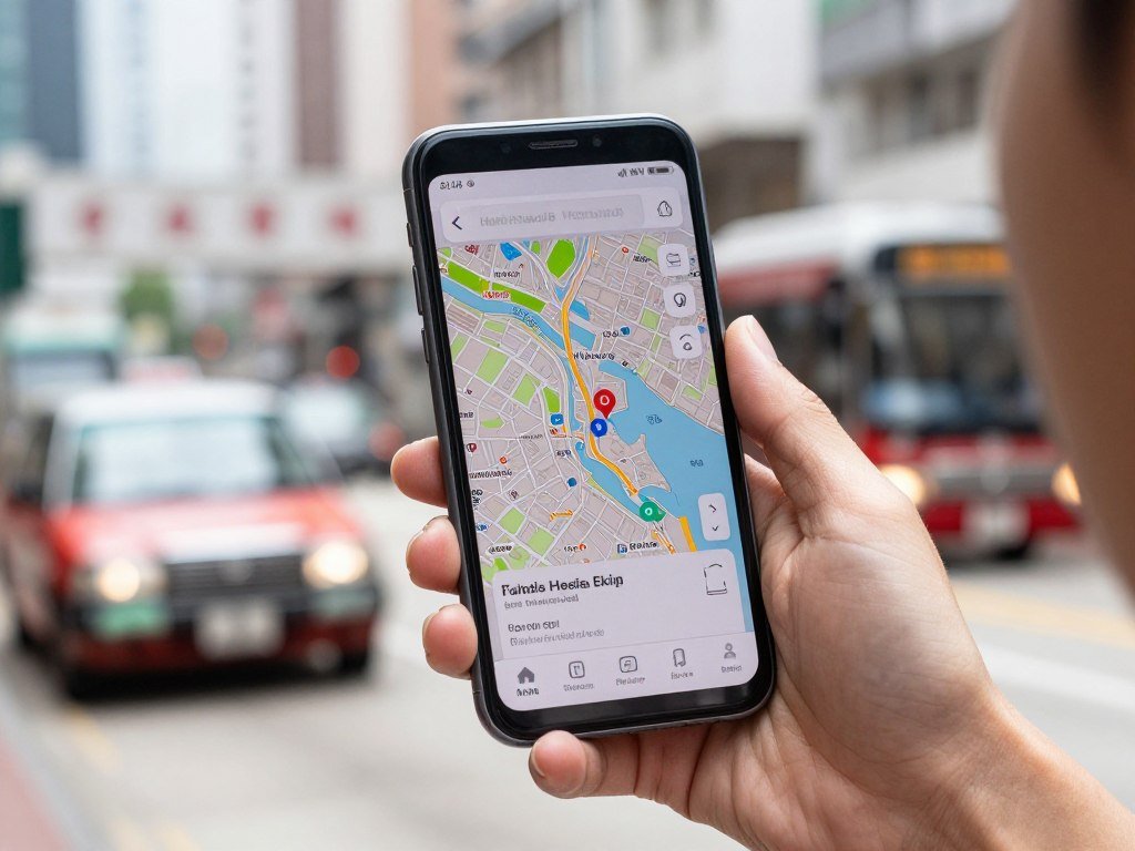 Tourist using smartphone with Hong Kong e-SIM data connection showing city map