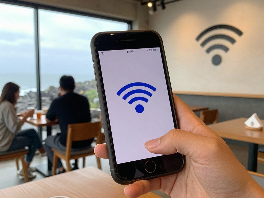Tourist using smartphone with WiFi at Jeju cafe