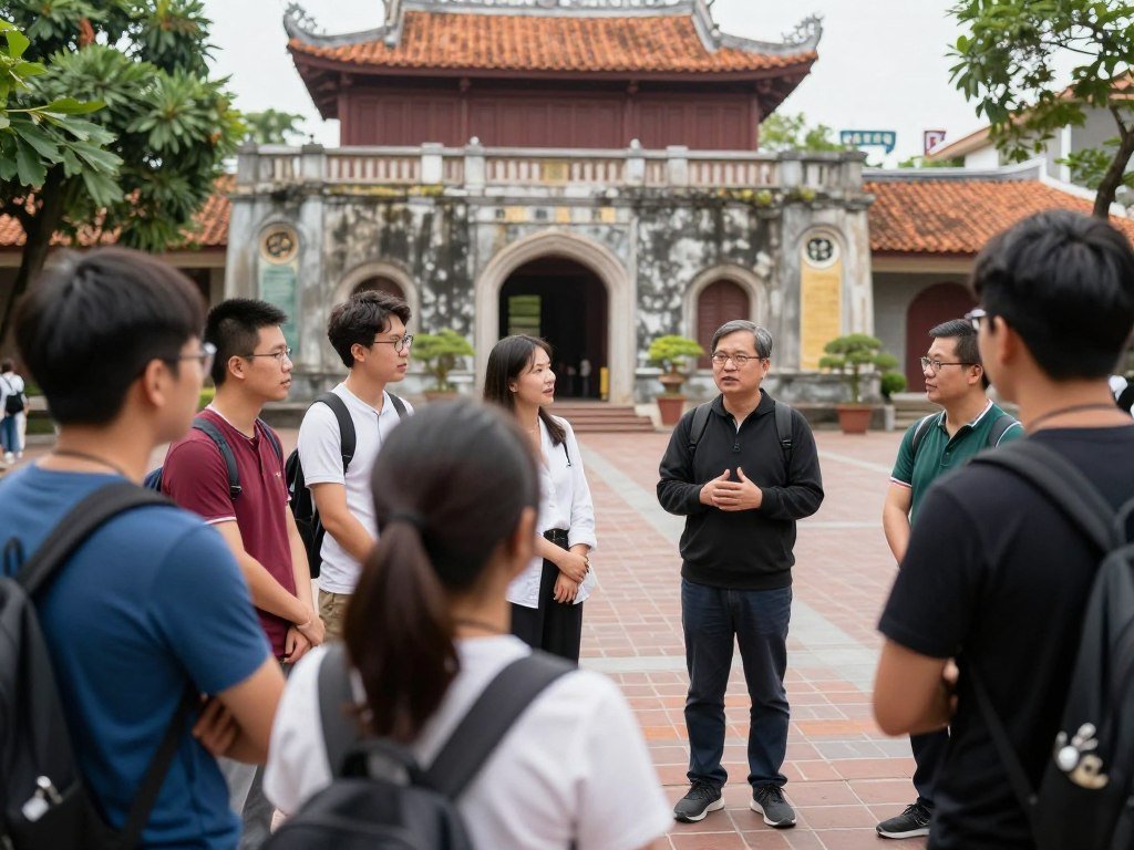 Tourists asking questions to local guide in Ho Chi Minh City