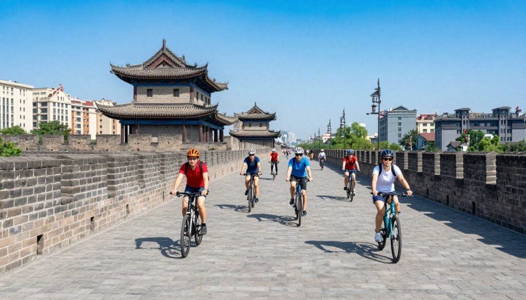 Tourists cycling on top of Xi'an Ancient City Wall