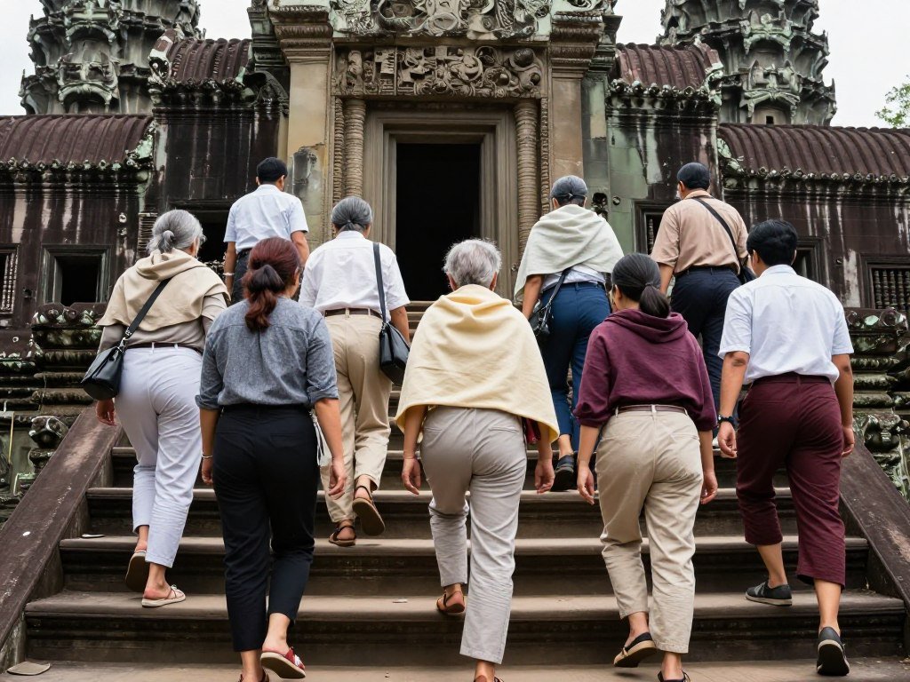 Tourists dressed appropriately for temple visits at Angkor Wat