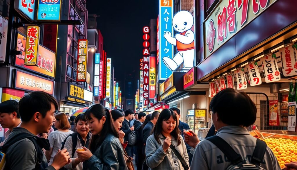 Tourists enjoying street food at Dotonbori district in Osaka with neon signs in the background