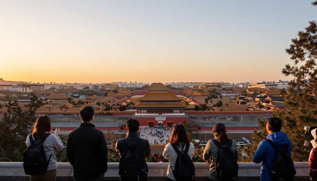 Tourists enjoying sunset view from Jingshan Park overlooking Forbidden City Tourists enjoying sunset view from Jingshan Park overlooking Forbidden City