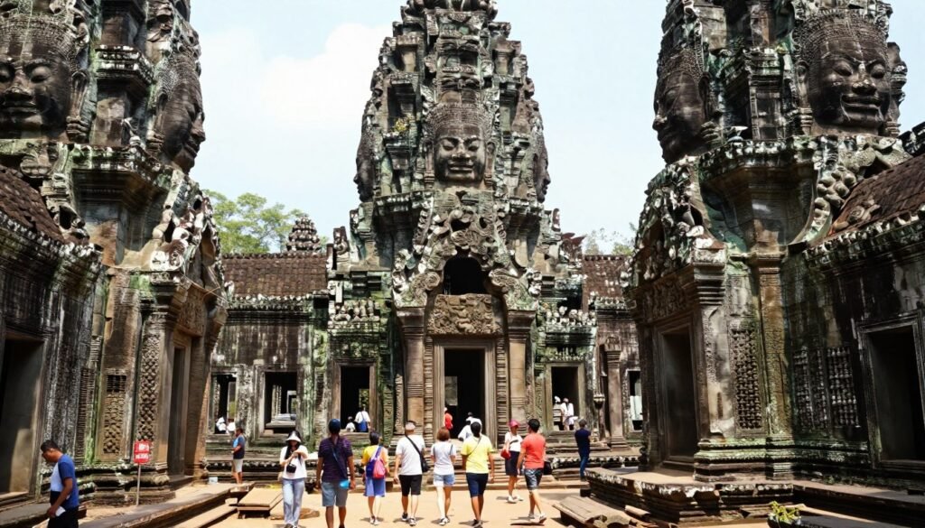 Tourists exploring Bayon temple galleries at Angkor Thom