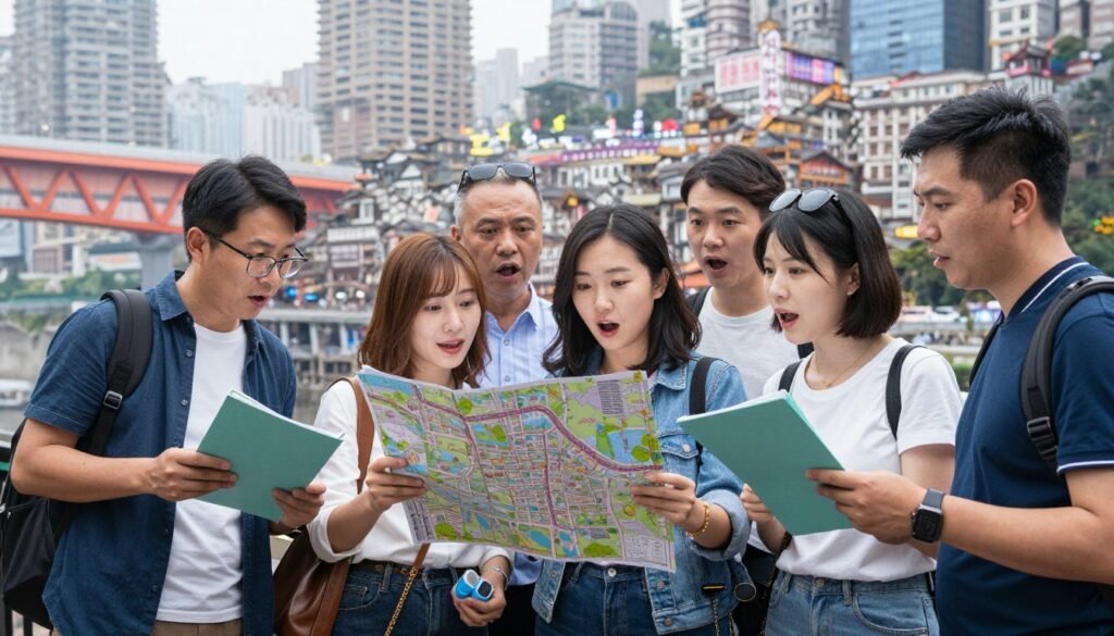 Tourists exploring Chongqing attractions with city map and guidebook