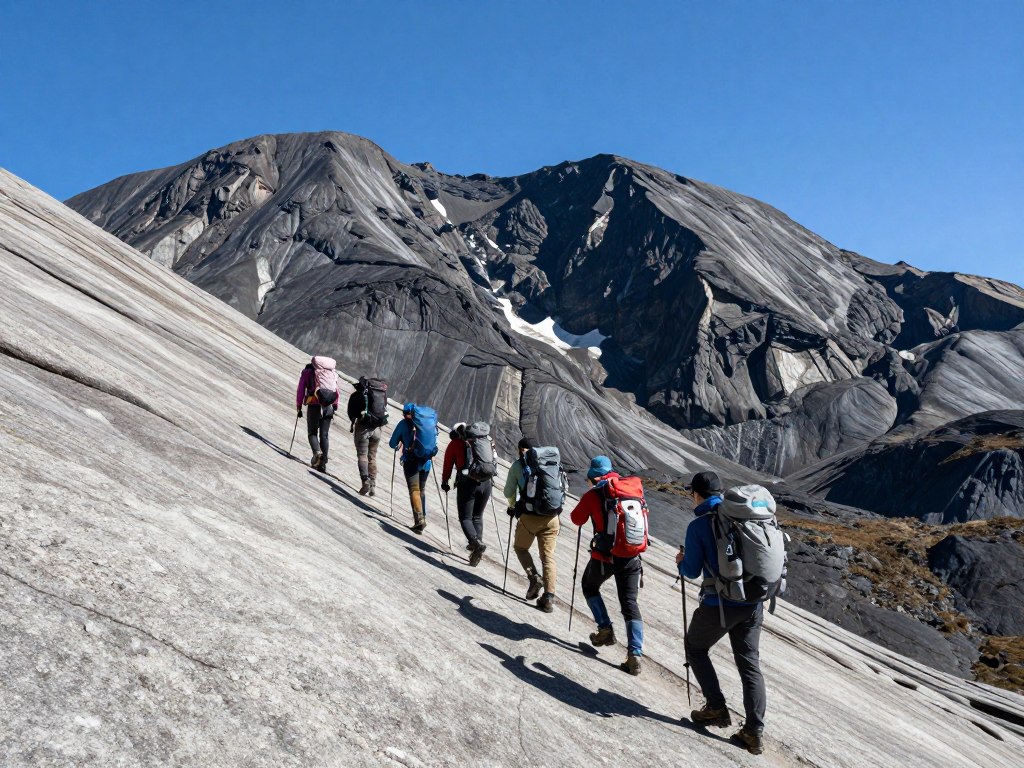Tourists hiking on Mount Kinabalu trail with mountain peaks in background