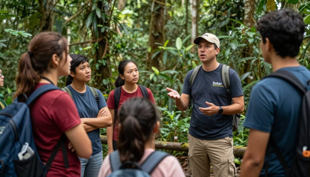 Tourists learning about conservation with local guide in rainforest