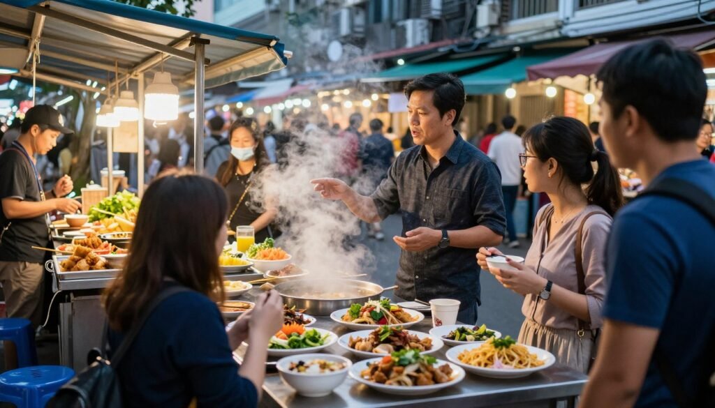 Tourists on a street food tour in Ho Chi Minh City Tourists on a street food tour in Ho Chi Minh City