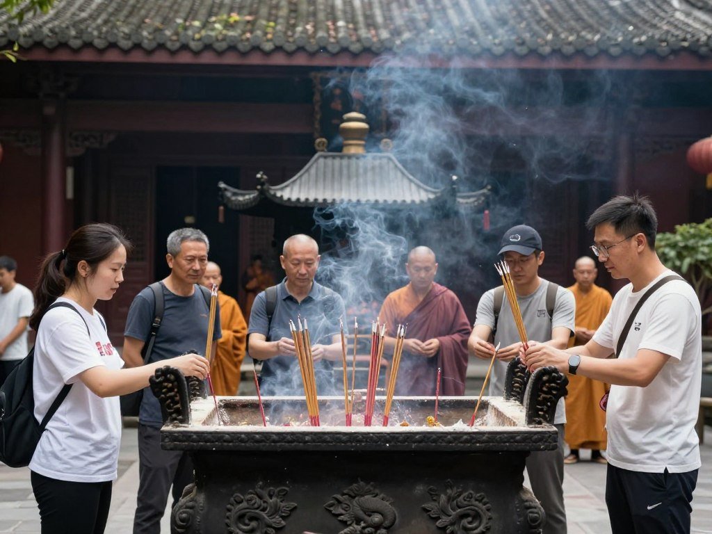 Tourists respectfully visiting Chongqing temple burning incense