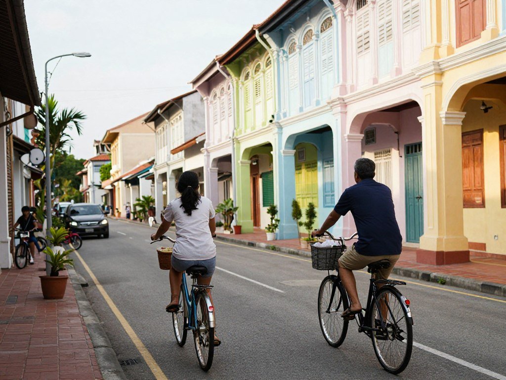 Tourists riding bicycles through George Town heritage streets