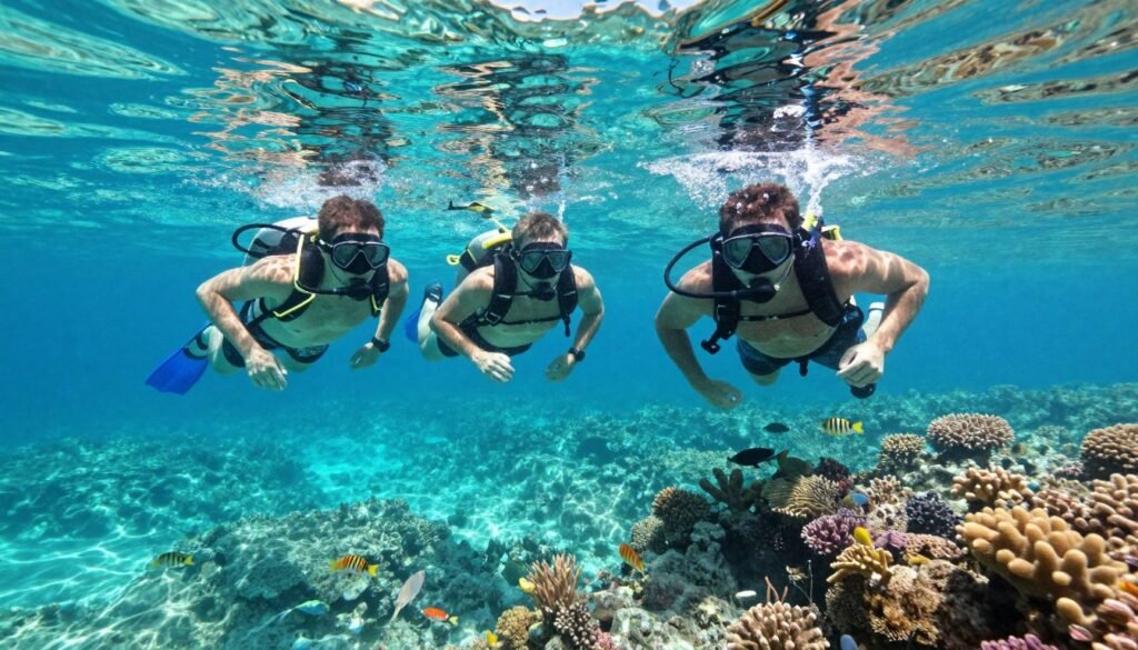 Tourists snorkeling in clear water around An Thoi islands