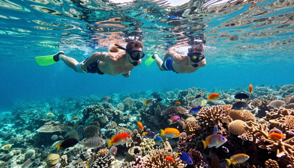 Tourists snorkeling in clear water with colorful coral reefs and tropical fish