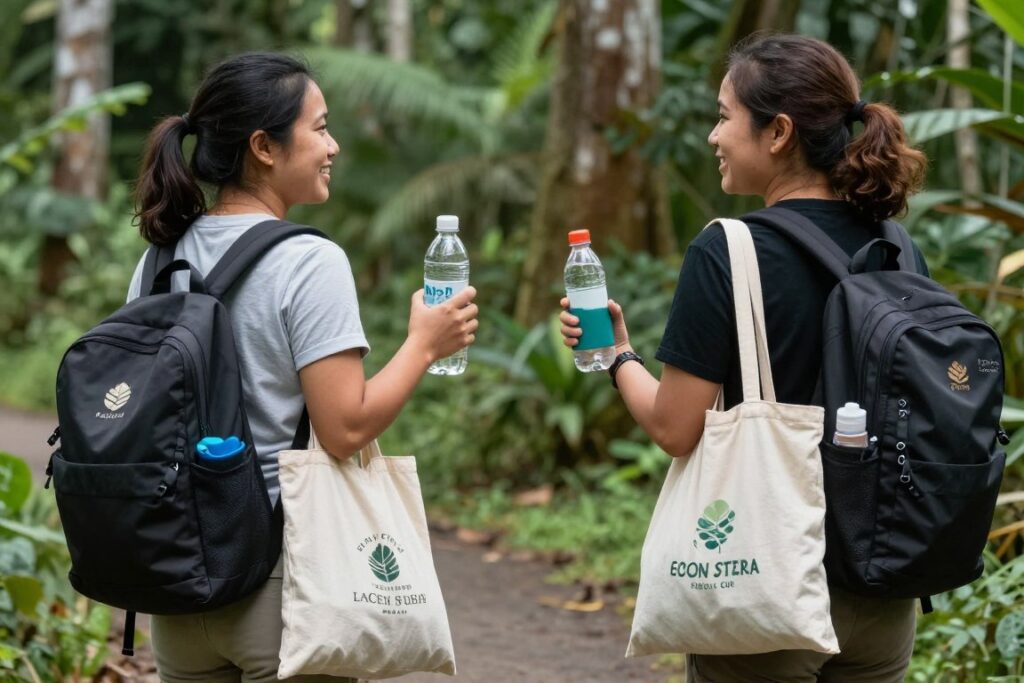Tourists using reusable bottles and bags during eco-tour in Sabah