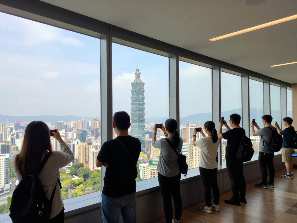 Tourists viewing Taipei cityscape from observation deck