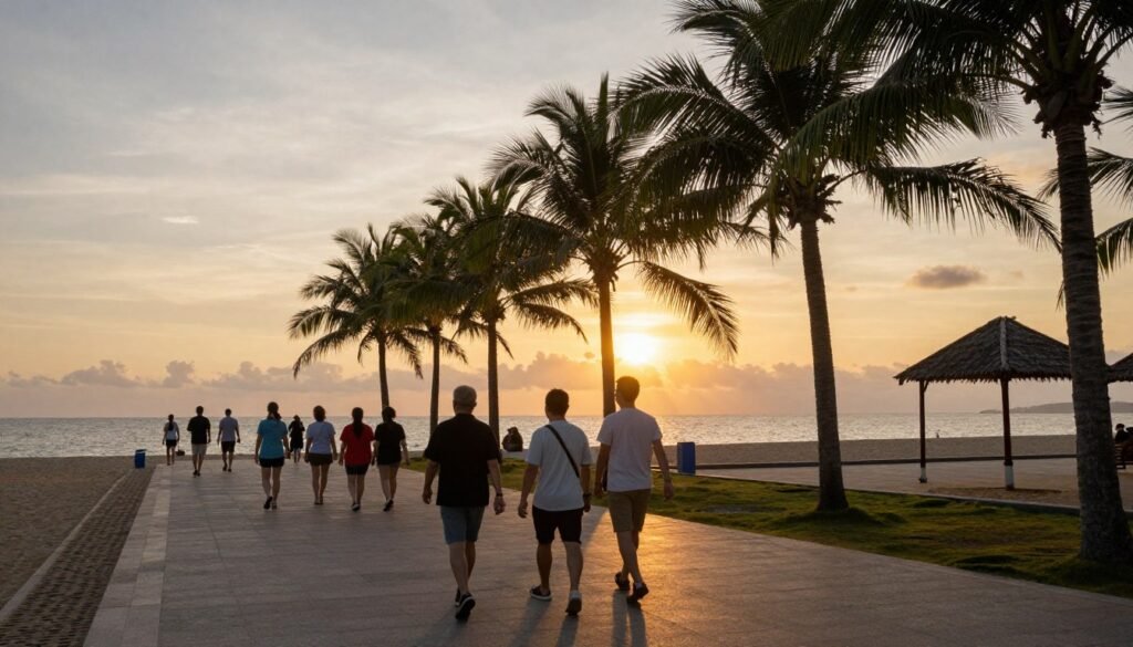 Tourists walking along beachfront promenade at sunset