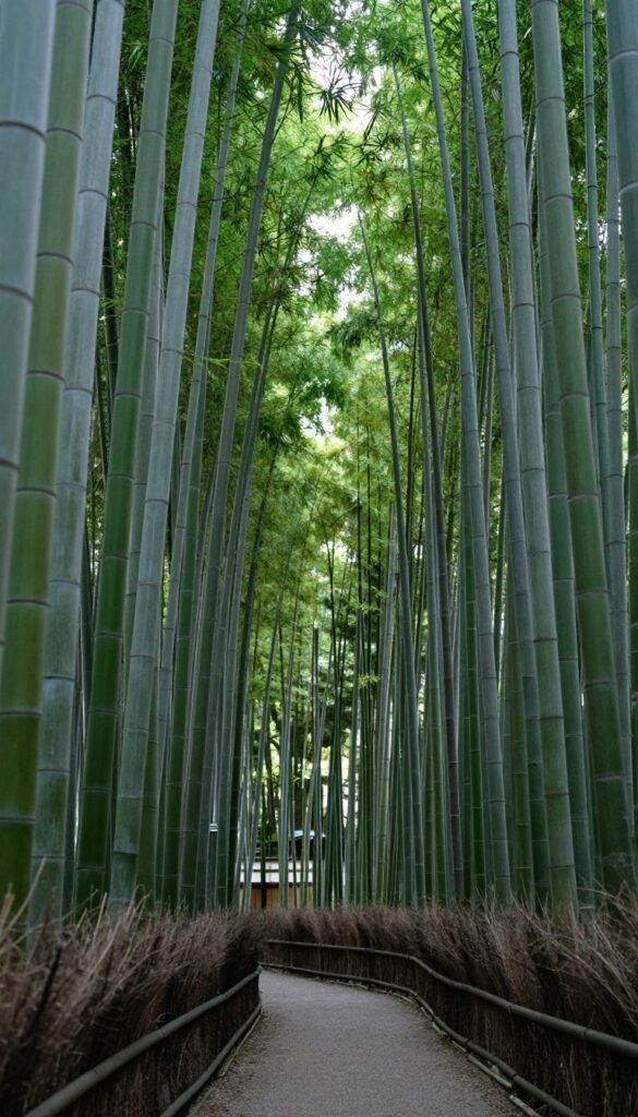 Towering bamboo stalks creating natural corridor in Arashiyama bamboo forest Towering bamboo stalks creating natural corridor in Arashiyama bamboo forest