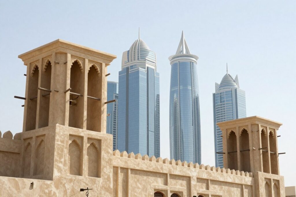 Traditional Arabian architecture meeting futuristic buildings in UAE cityscape Traditional Arabian architecture meeting futuristic buildings in UAE cityscape