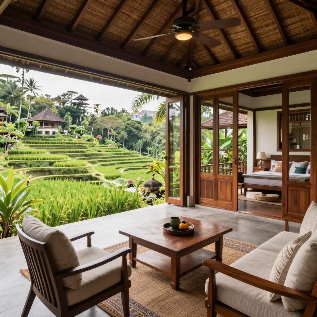 Traditional Balinese villa with rice field views