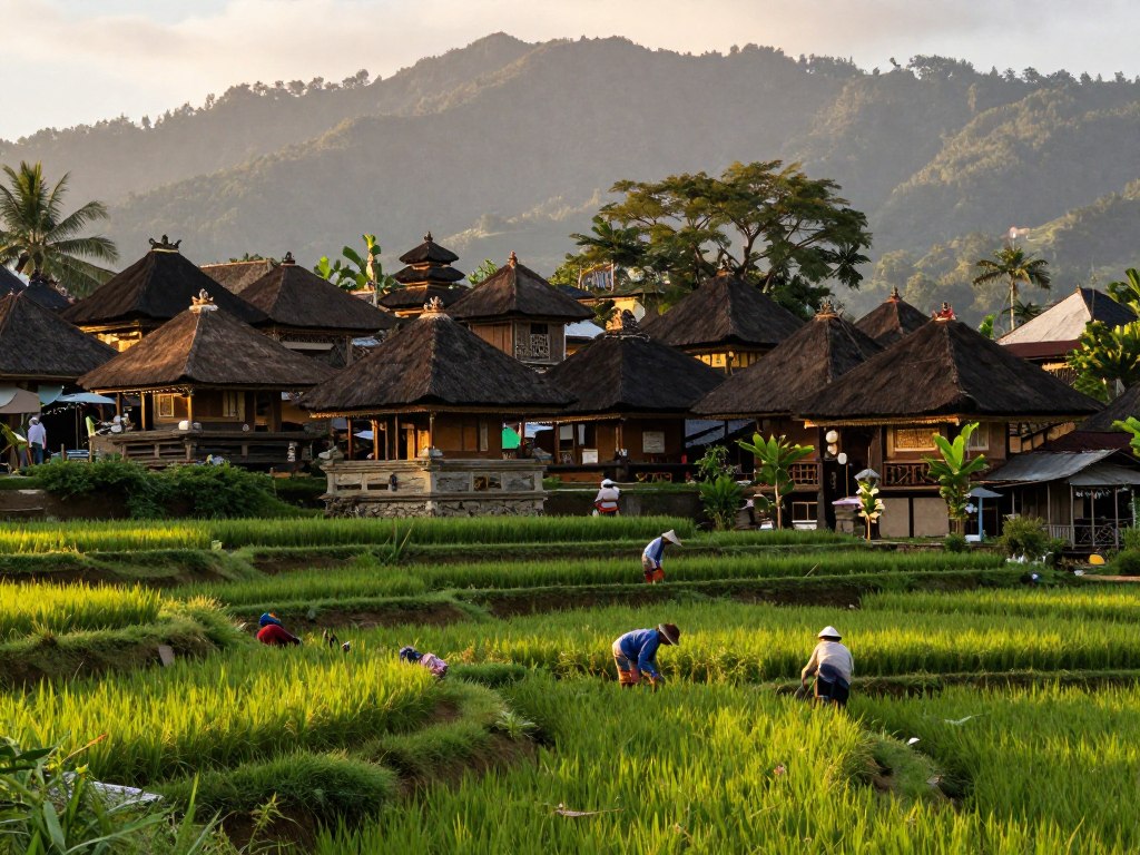Traditional Balinese village with rice terraces and mountains in background