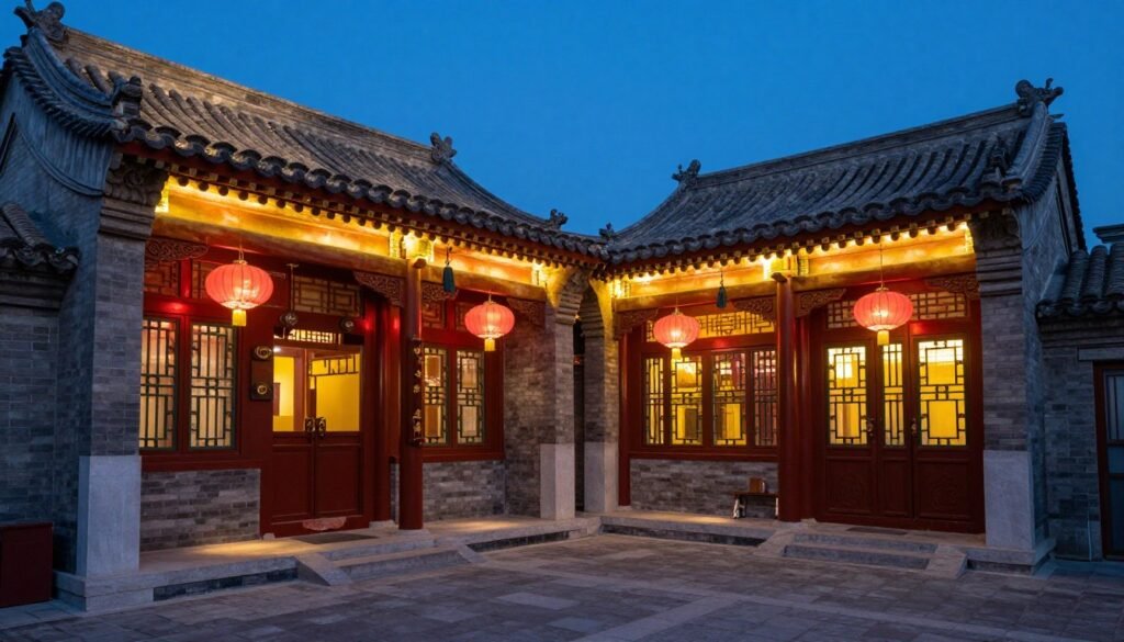 Traditional Beijing courtyard house at night with lanterns Traditional Beijing courtyard house at night with lanterns