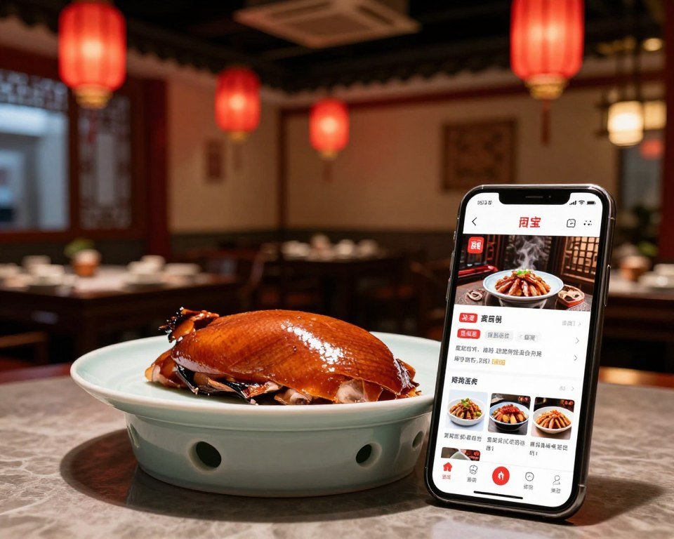 Traditional Beijing duck restaurant with smartphone showing Dianping app review and food photos