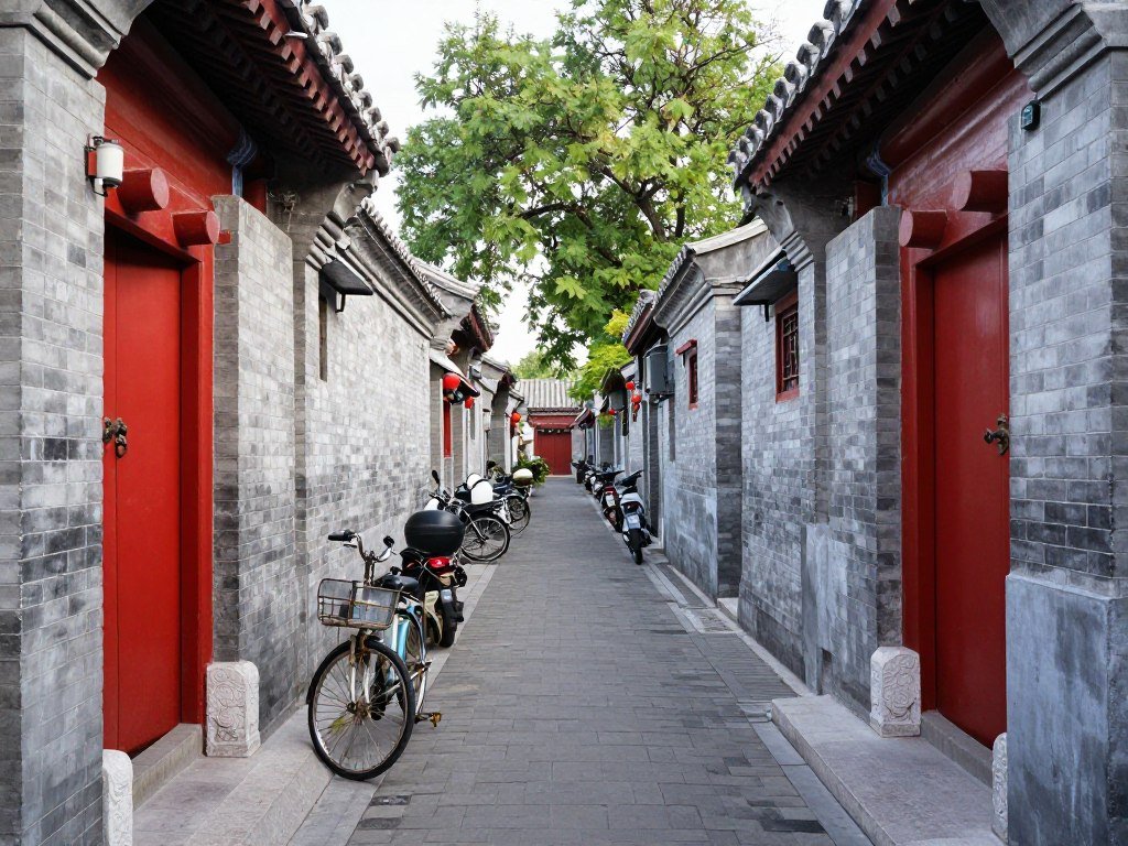 Traditional Beijing hutong alleyway with courtyard houses and bicycles Traditional Beijing hutong alleyway with courtyard houses and bicycles