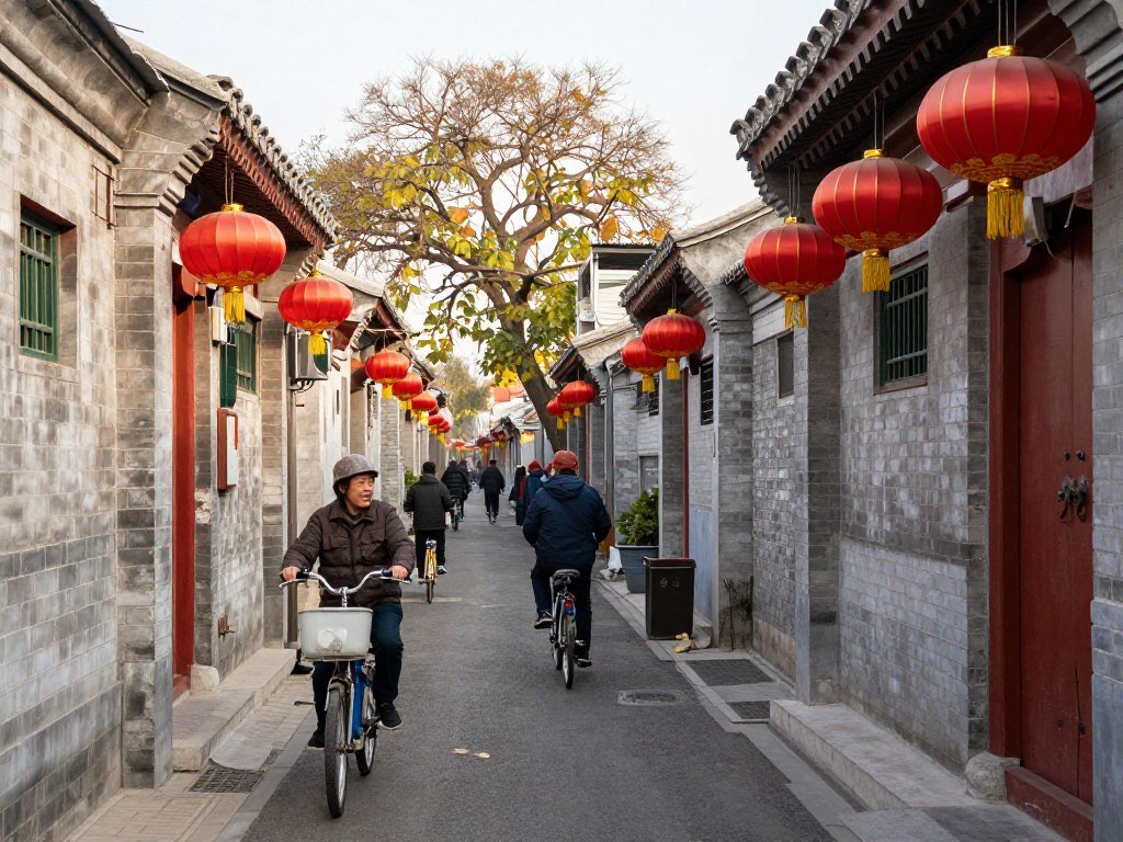 Traditional Beijing hutong alleyway with local residents and courtyard homes Traditional Beijing hutong alleyway with local residents and courtyard homes
