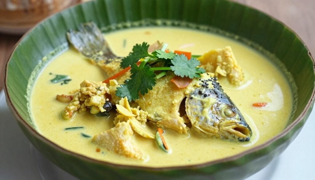 Traditional Cambodian amok fish curry in banana leaf bowl