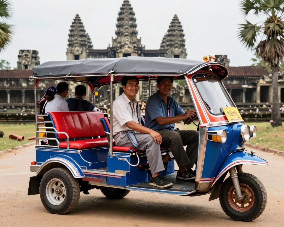 Traditional Cambodian tuk-tuk with tourists visiting Angkor temples