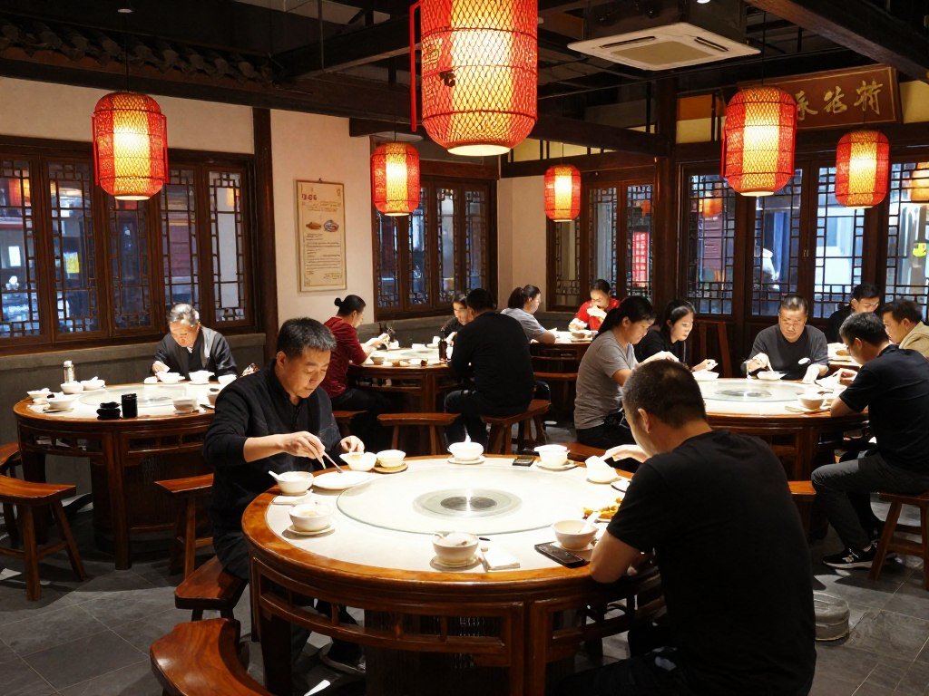 Traditional Chengdu restaurant interior with round tables