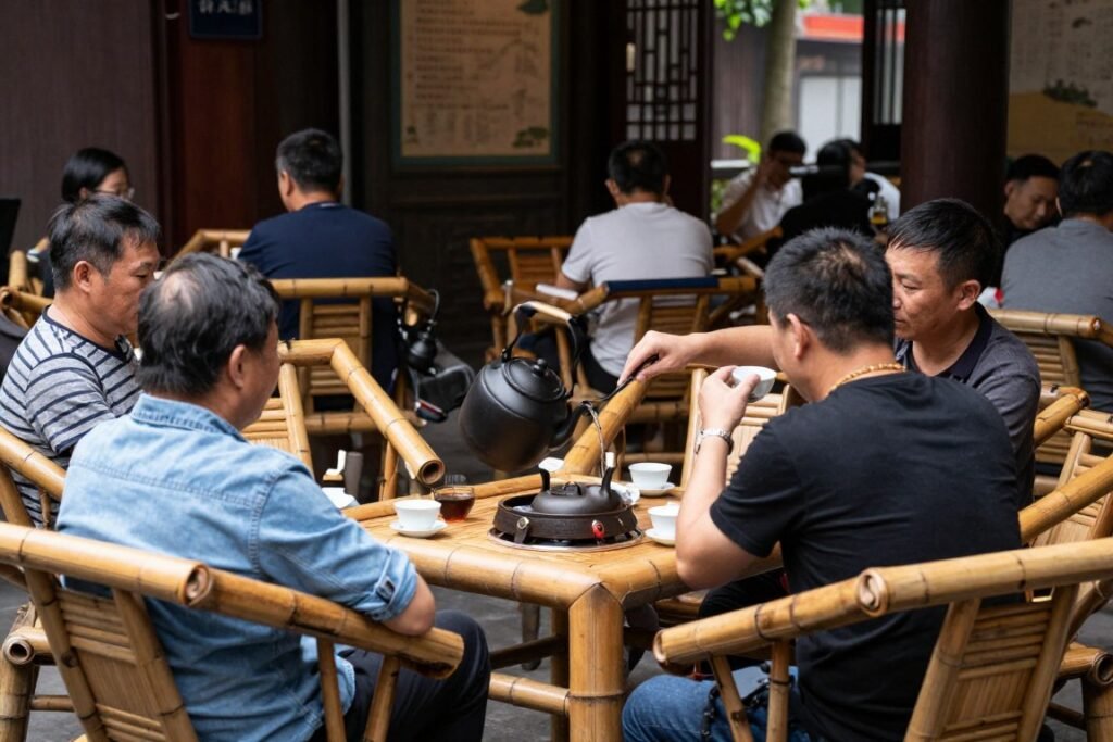 Traditional Chengdu teahouse with bamboo chairs and tea service
